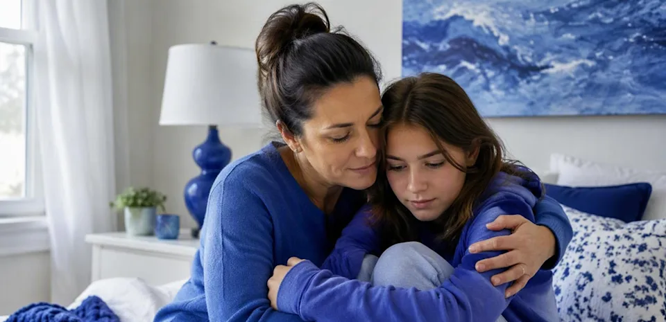 Scared to use a tampon? Mother comforting her nervous teen daughter with a reassuring hug