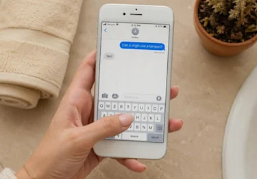 Phone screen showing a text conversation confirming that a virgin can use a tampax tampon