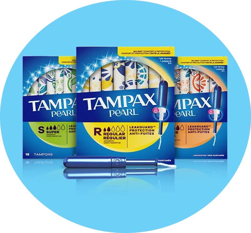 Tampax Pearl tampon boxes in Regular, Super and Light absorbencies showing shelf life and packaging 