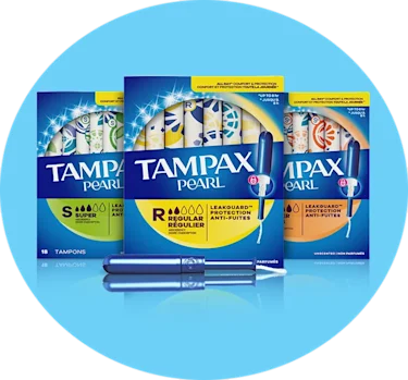 Tampax Pearl tampon boxes in Regular, Super and Light absorbencies showing shelf life and packaging