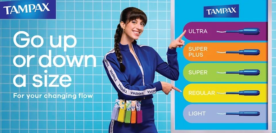 Tampax absorbency chart showing Light, Regular, Super, Super Plus and Ultra tampons to help you go up or down a size for your changing flow