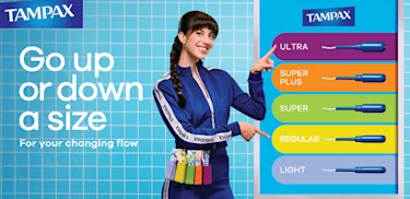 Tampax absorbency chart showing Light, Regular, Super, Super Plus and Ultra tampons to help you go up or down a size for your changing flow