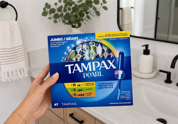 Hand holding a Tampax Pearl jumbo multipack in a bathroom, ideal for storing a tampon supply dry and ready