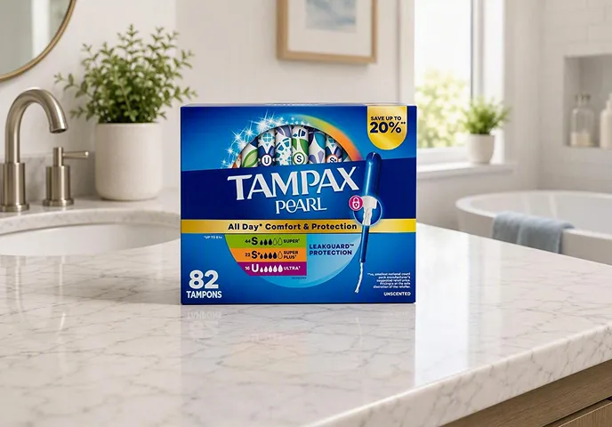 Tampax Pearl 82-count multipack tampons box with Super, Super Plus and Ultra absorbencies.