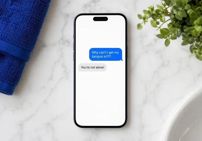 Text conversation answering "Why can't I get my tampon in?" with a reassuring "You're not alone!"