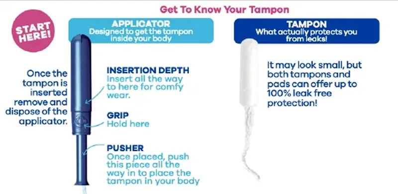 Labeled Tampax tampon diagram showing applicator parts - insertion depth, grip and pusher - alongside the tampon that absorbs flow for up to 100% leak-free protection