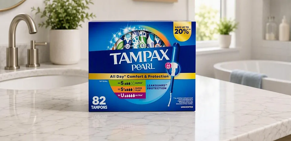 Tampax Pearl 82-count multipack tampons box with Super, Super Plus and Ultra absorbencies.