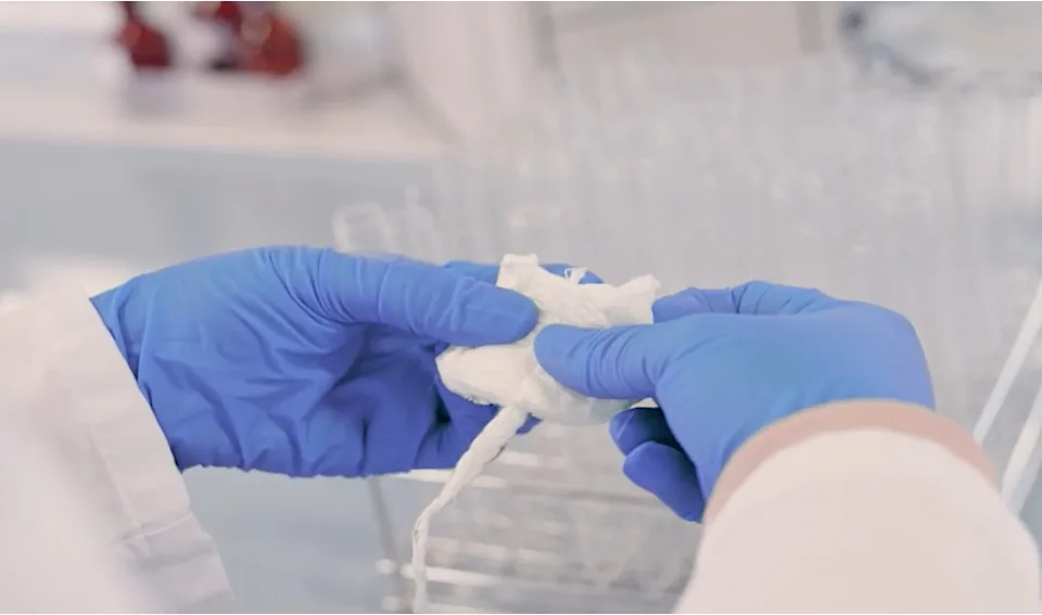 Scientist examining tampon fibers during laboratory safety testing for trace elements 