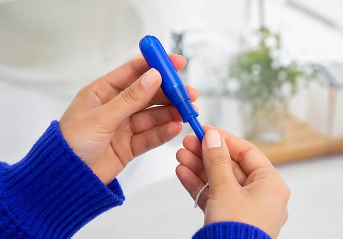 Applicator tampon in hands showing the grip, pusher, and string that make insertion easy for beginners