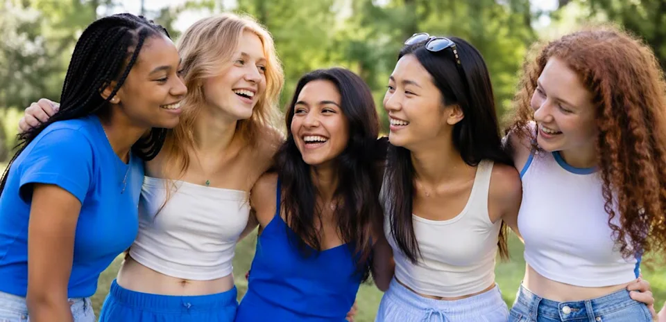 Diverse group of smiling teen girls outdoors, reflecting that there is no set age to feel ready for tampax tampons