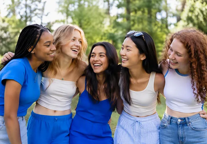 Diverse group of smiling teen girls outdoors, reflecting that there is no set age to feel ready for tampax tampons