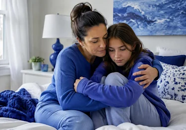 Scared to use a tampon? Mother comforting her nervous teen daughter with a reassuring hug