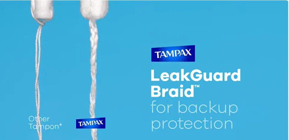 Comparison showing the Tampax LeakGuard Braid versus another tampon for extra backup leak protection 