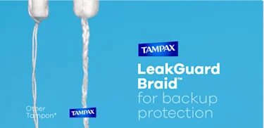 Comparison showing the Tampax LeakGuard Braid versus another tampon for extra backup leak protection