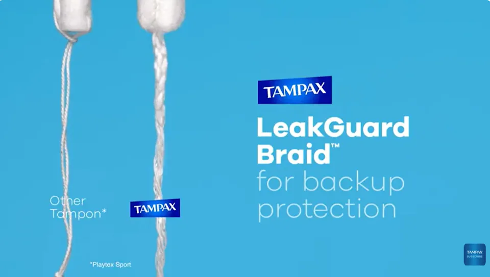 Comparison showing the Tampax LeakGuard Braid versus another tampon for extra backup leak protection 