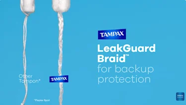 Comparison showing the Tampax LeakGuard Braid versus another tampon for extra backup leak protection