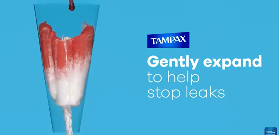 Time-lapse of a Tampax tampon gently expanding as it absorbs menstrual flow to help stop leaks 