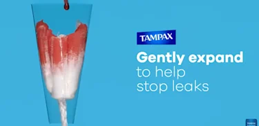 Time-lapse of a Tampax tampon gently expanding as it absorbs menstrual flow to help stop leaks