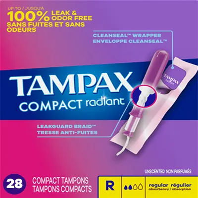 Tampax Compact Radiant Régulier,  emballage de 28 tampons