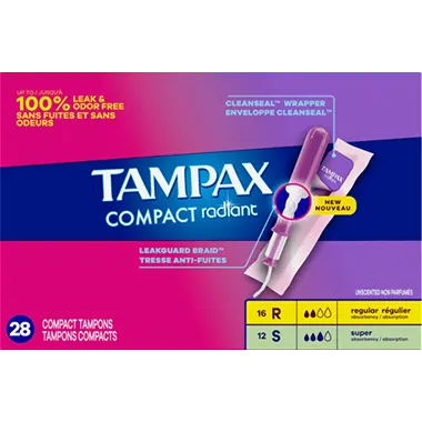 Tampax Compact Radiant, R et S, emballage de tampons