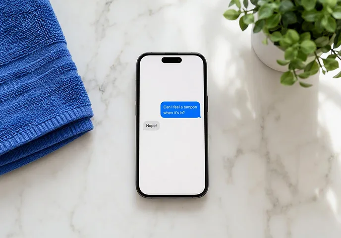 Can I feel a tampon when it's in? Phone text conversation answering "Nope!" for a comfortable, correct fit