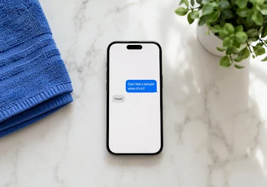 Can I feel a tampon when it's in? Phone text conversation answering "Nope!" for a comfortable, correct fit