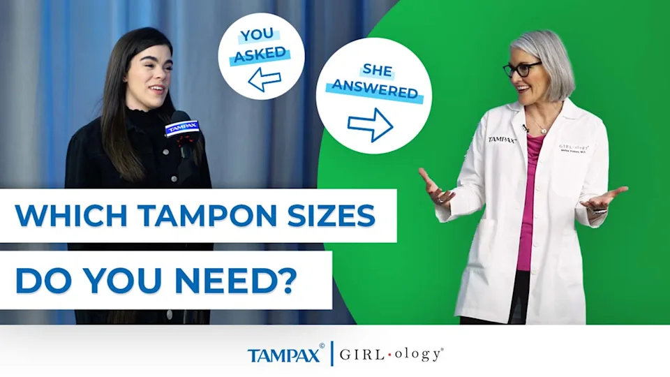 Two women talking with text "Which tampon sizes do you need"