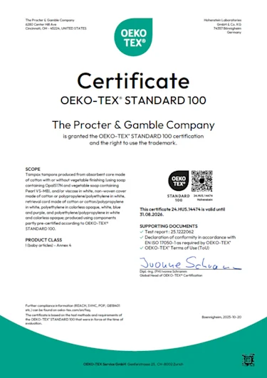 A formal document from OEKO-TEX that states: The Procter & Gamble Company is granted the OEKO-TEX STANDARD 100 certification and the right to use the trademark.