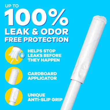 Up to 100% Leak and Odor Free protection. Shows Tampax Cardboard's key benefits: leakguard skirt that helps stop leaks before they happen, a cardboard applicator, and a unique anti-slip grip.