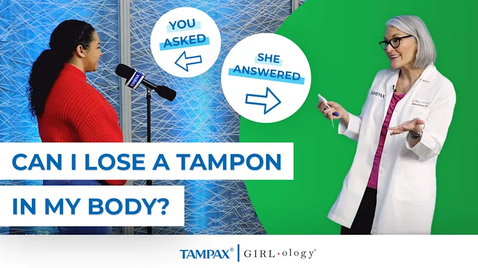 Two women talking with text "Can i lose a tampon in my body"
