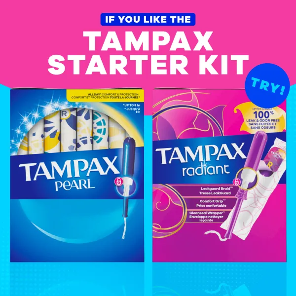 Tampax Pearl and Tampax Radiant displayed as part of the Tampax Starter Kit