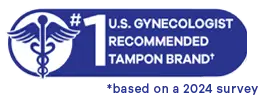 Blue logo that reads: #1 Tampon Brand Recommended By U.S. Gynecologists. 