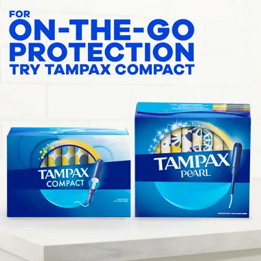 For on-the-go protection try Tampax Compact. Features Tampax Compact pack next to Tampax Pearl pack.