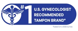 U.S. Gynecologists logo - Tampax 1st recommended tampon brand based od 2024 survey