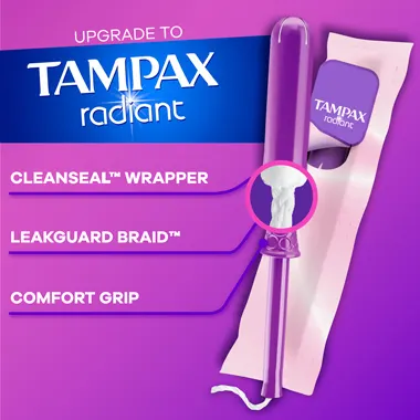 Upgrade to Tampax Radiant, with an easy seal wrapper for clean disposal, LeakGuard Braid Protection, and a comfort grip. Features Tampax Radiant tampon.