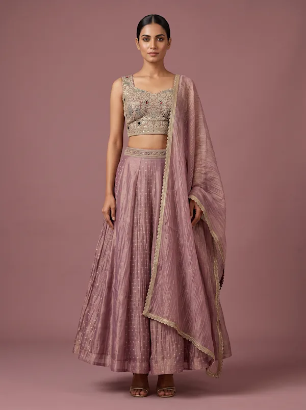 Dusty Rose Embroidered Lehenga Set with Sheer Dupatta