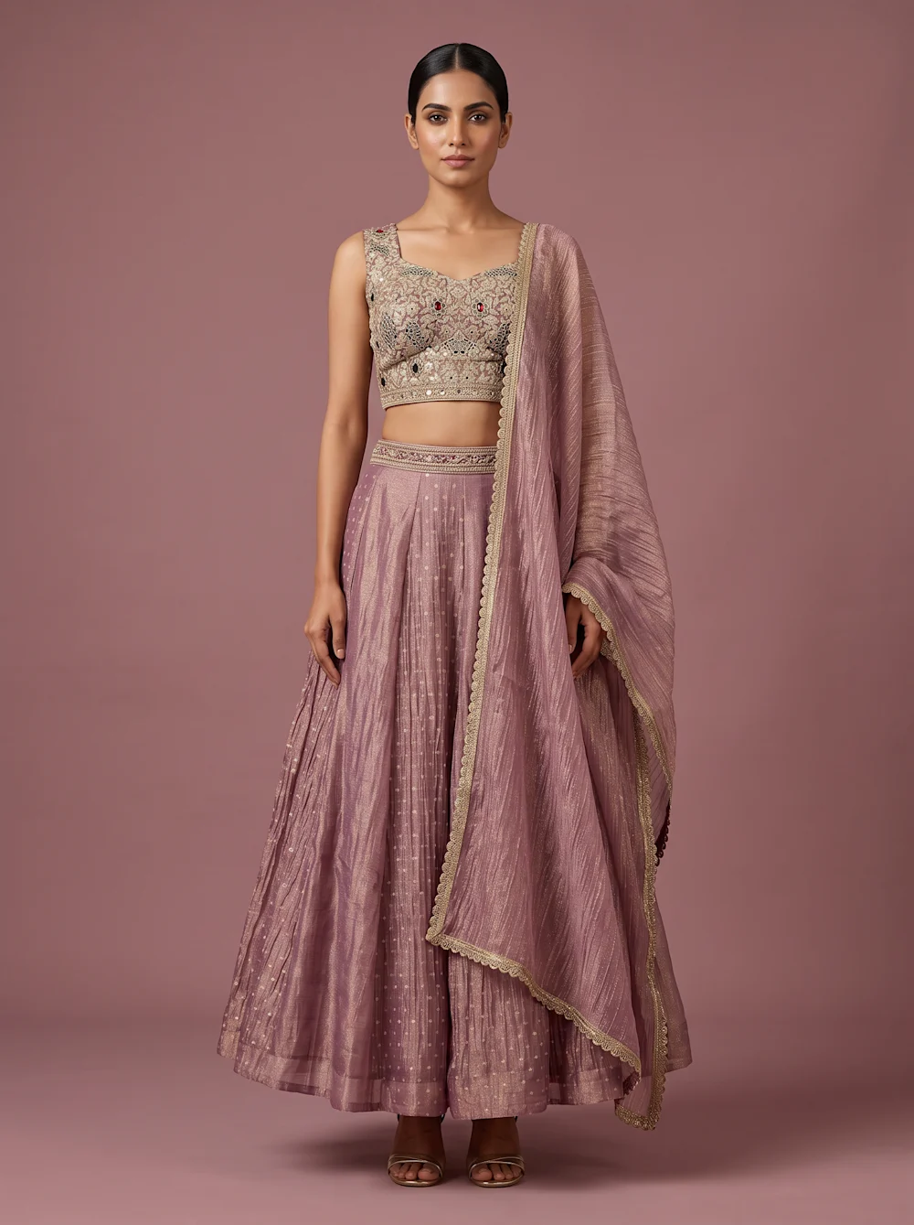 Dusty Rose Embroidered Lehenga Set with Sheer Dupatta