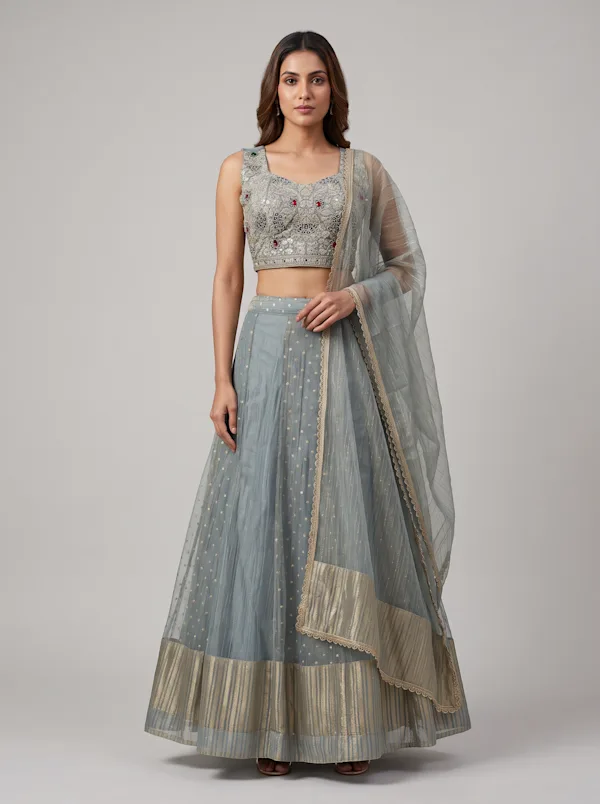 Sage Grey Embroidered Lehenga Set with Sheer Dupatta