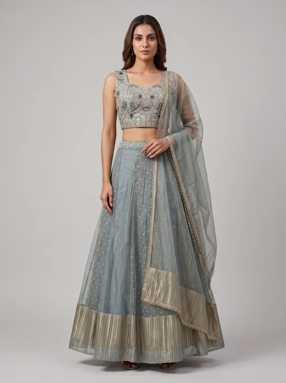 Sage Grey Embroidered Lehenga Set with Sheer Dupatta