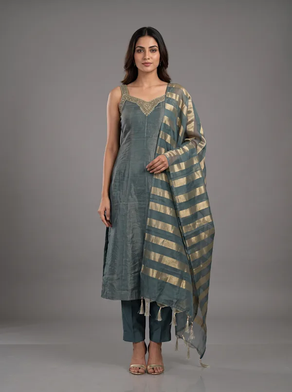 Teal Blue Zari Kurta Set with Striped Dupatta