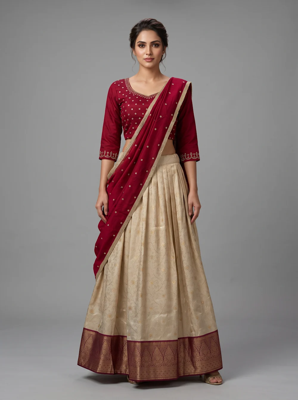 Wine & Ivory Embroidered Lehenga Set with Draped Dupatta