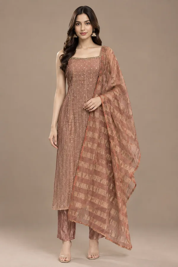 Metallic Tissue oven Anarkali suit with hand work Neck line 