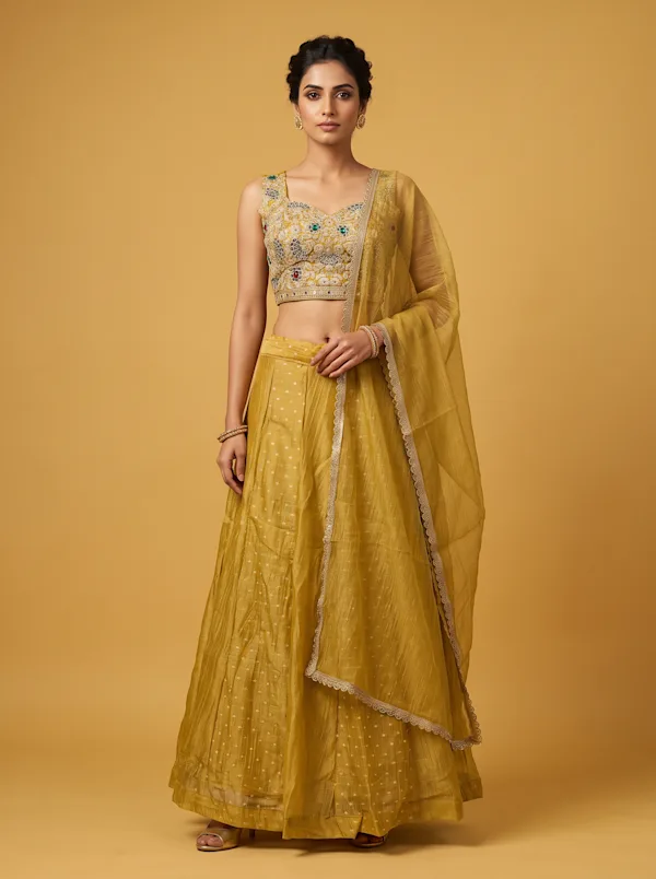 Antique Gold Embroidered Lehenga Set with Sheer Dupatta