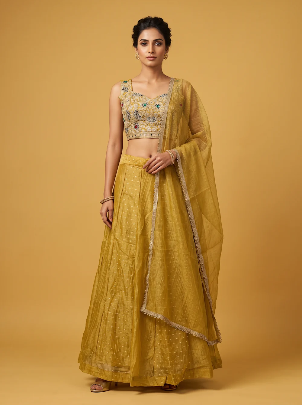 Antique Gold Embroidered Lehenga Set with Sheer Dupatta