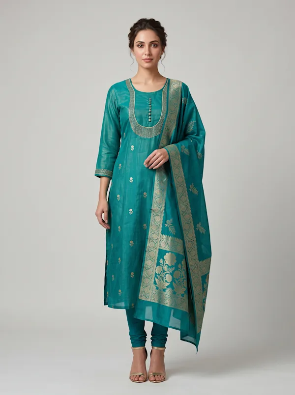 Teal Blue Embroidered Kurta Set with Brocade Dupatta