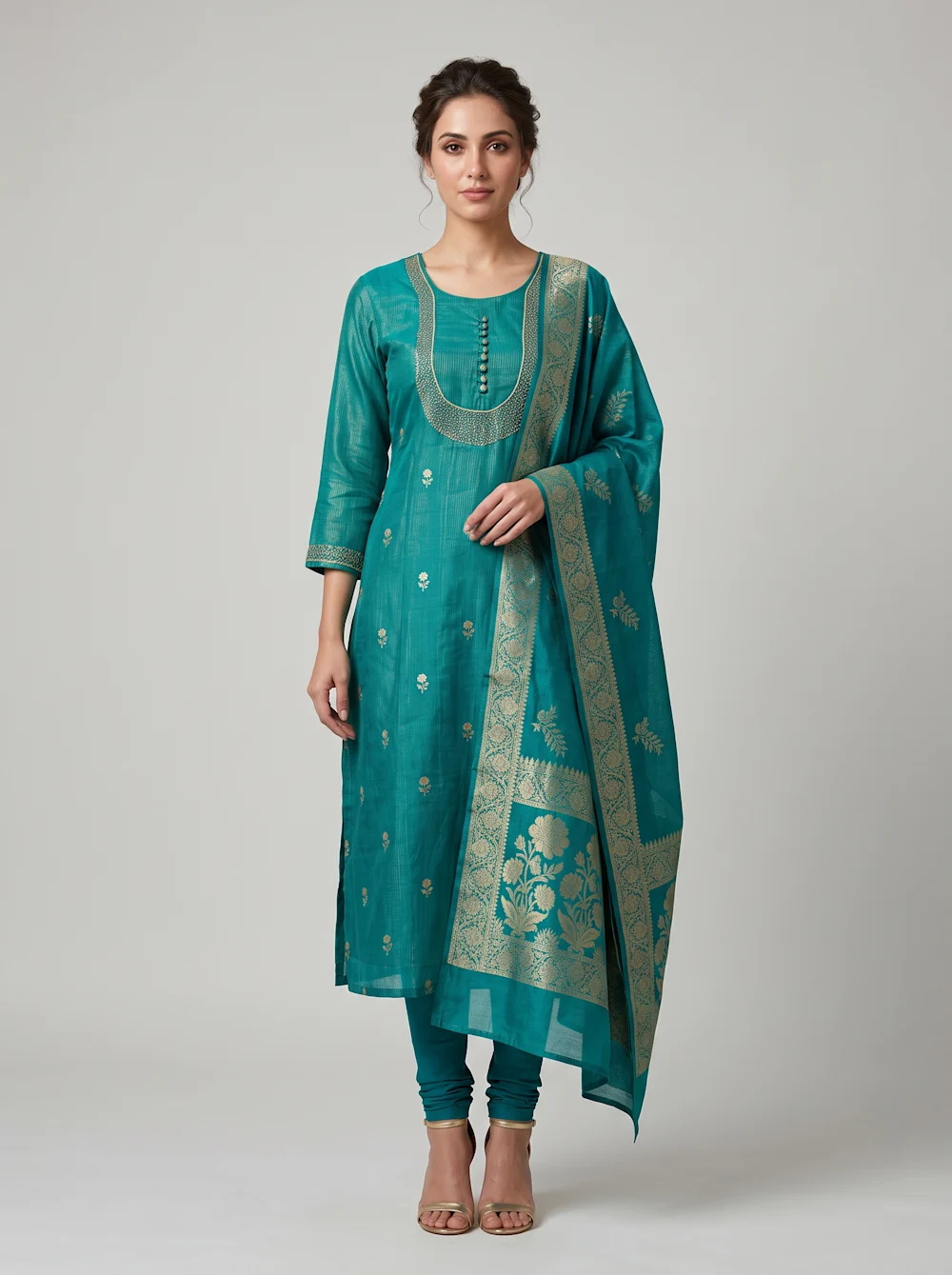 Teal Blue Embroidered Kurta Set with Brocade Dupatta
