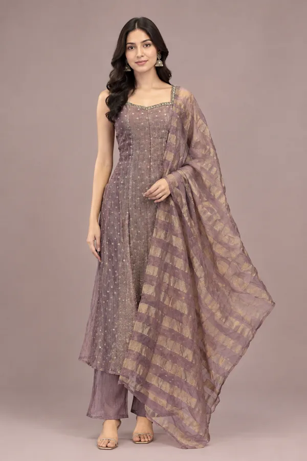 Mauve Purple Zari Kurta Set with Striped Dupatta