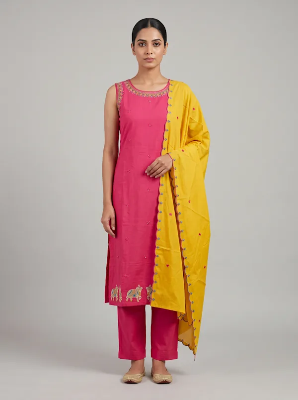 Rani Pink & Mustard Yellow Embroidered Kurta Set