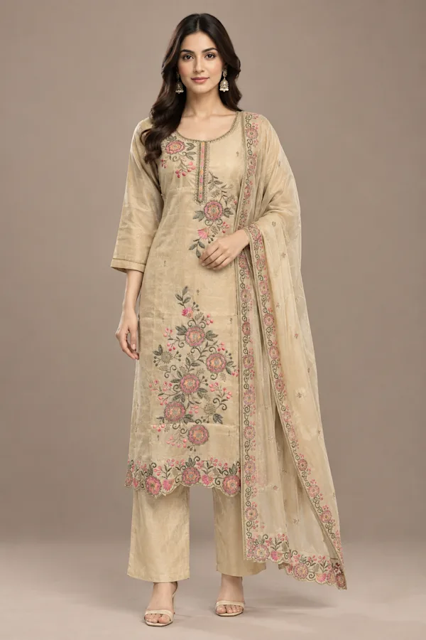 Champagne Beige Floral Embroidered Kurta Set