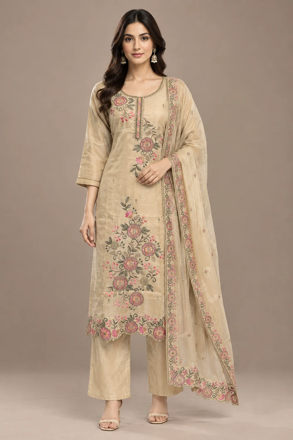 Champagne Beige Floral Embroidered Kurta Set